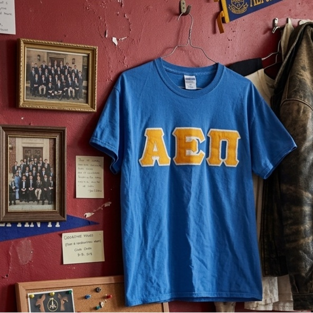 Aepi blue short sleeve shirt with  Yellow Greek Letters- size large